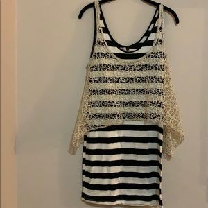 Striped dress with fishnet overlay
